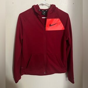 NIKE Classic Dri-FIT Full Zip Logo Hooded Jacket Maroon Neon Orange Boy's Sz XL